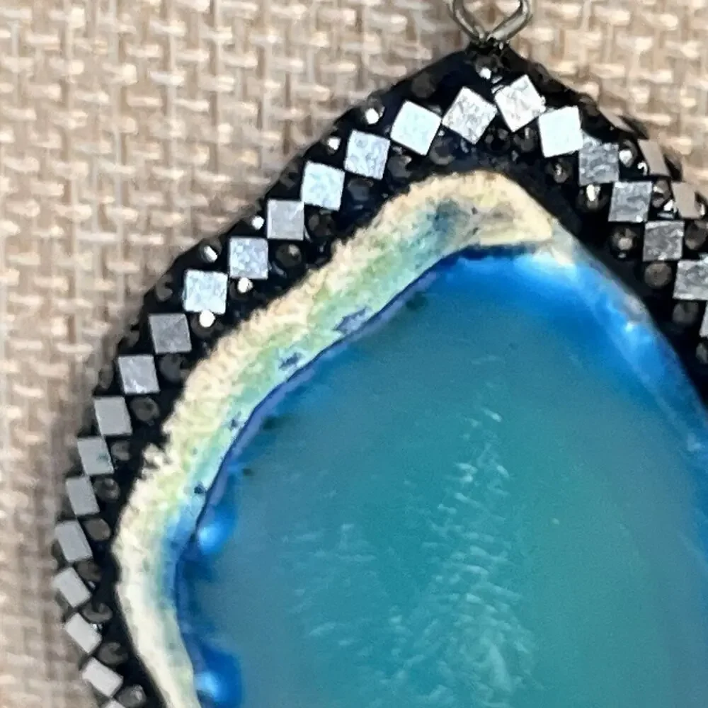 Vintage Sterling Silver 925 Blue Aqua Agate Slice Pendant Necklace 16" (#23) - Picture 4 of 16